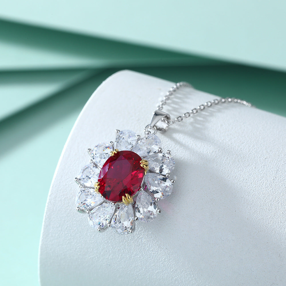 Oval Red Zircon Flower Shape Pendant Silver Necklace for Women