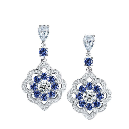 Lab-Created Sapphires Flower Silver Drop Earrings for Women