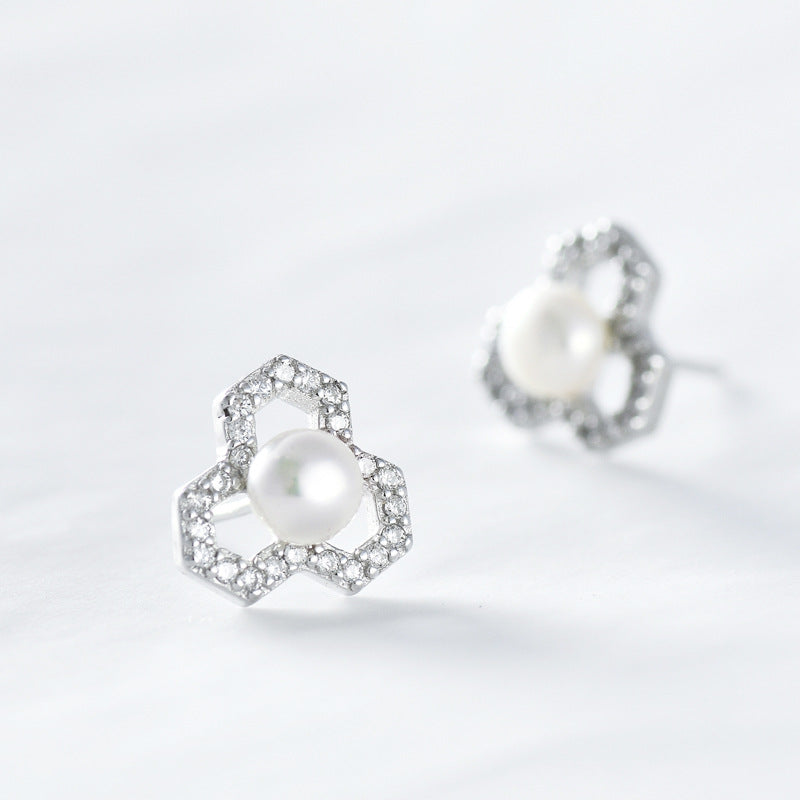 Zircon Hollow Geometric Shape with Freshwater Pearl Silver Stud Earrings for Women