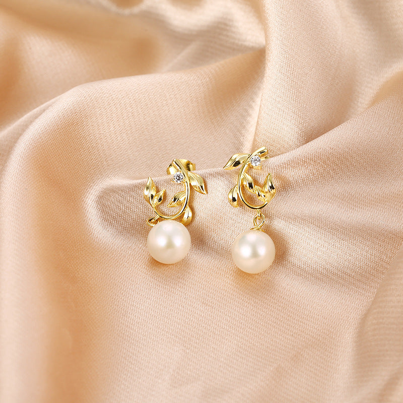 Olive Branch with Natural Pearl Silver Drop Earrings for Women