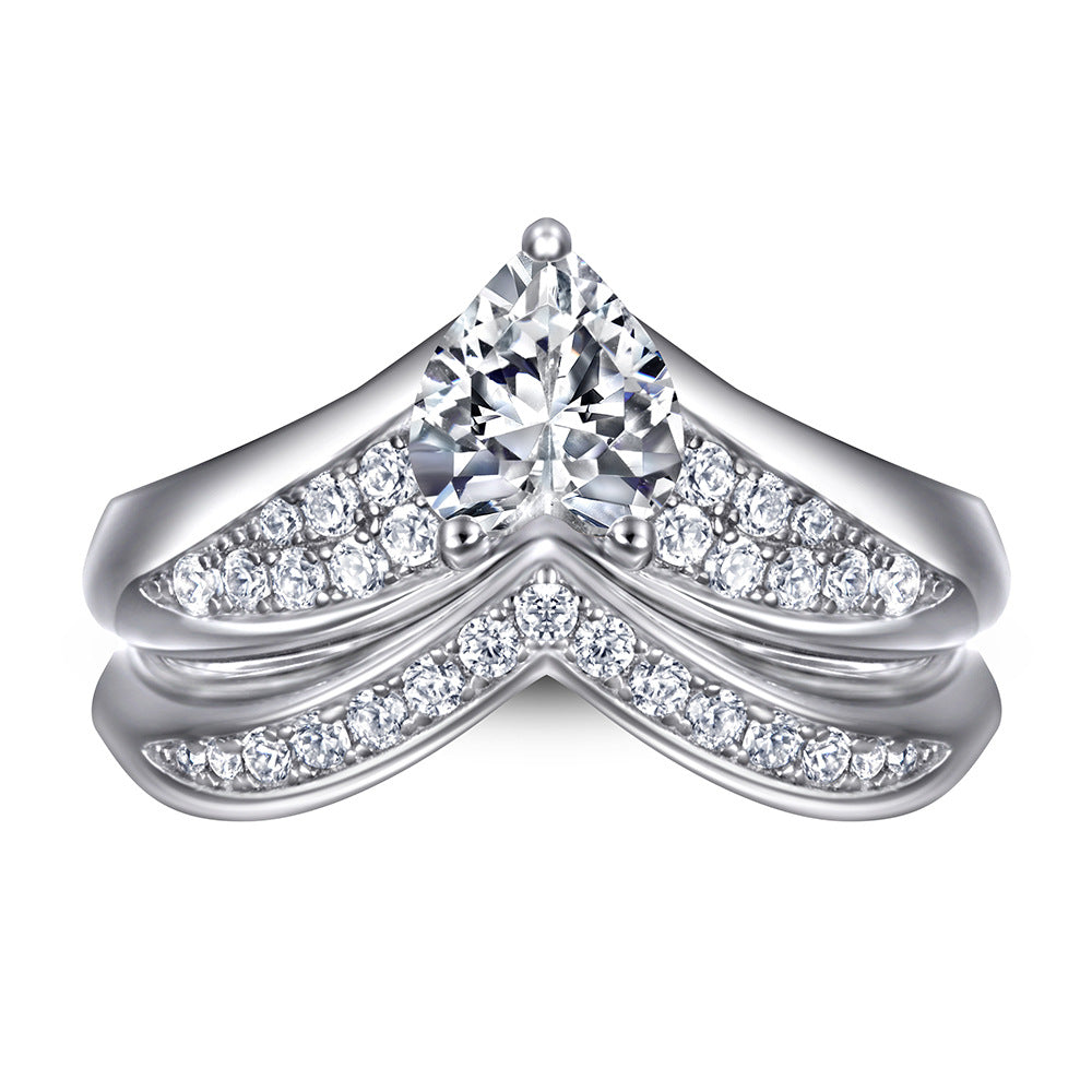 Heart-shaped Zircon V-shape Silver Ring Set for Women