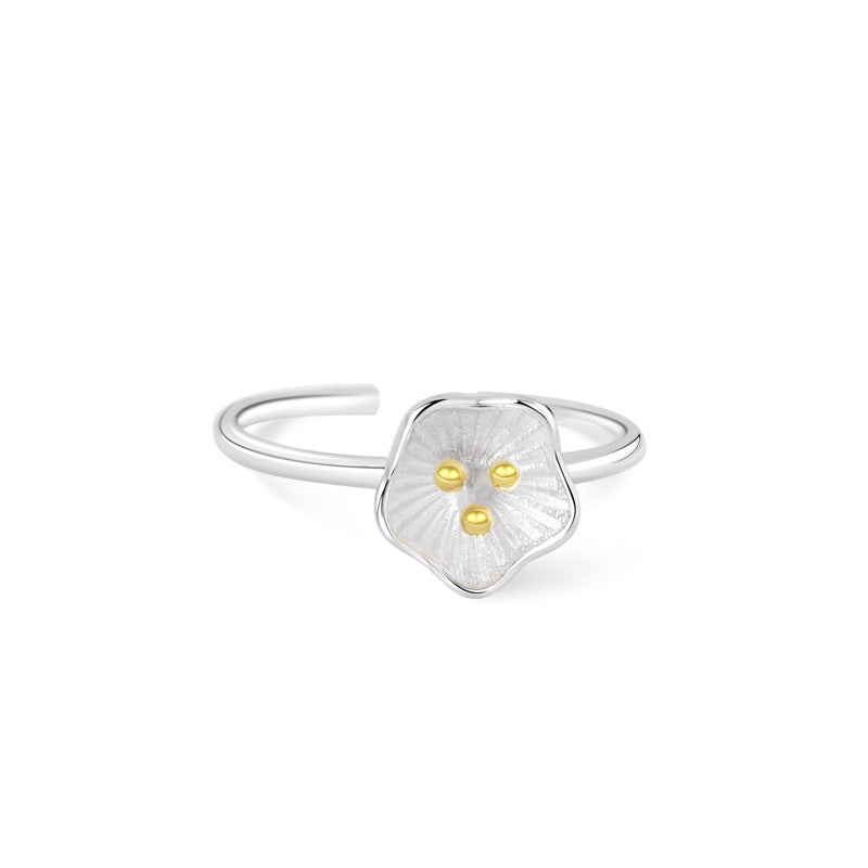 Flower with Gold Colour Stamen Silver Ring for Women