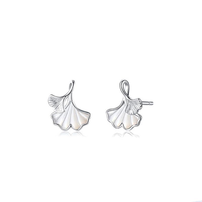 Mother of Pearl Ginkgo Leaf Silver Studs Earrings for Women