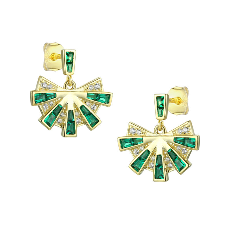 Green Zircon Fan Silver Studs Earrings for Women