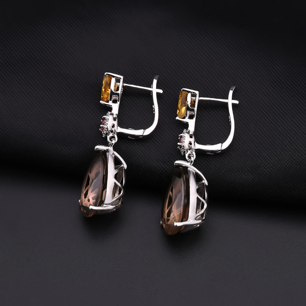 European Natural Gemstone Pear Shape Silver Drop Earrings for Women