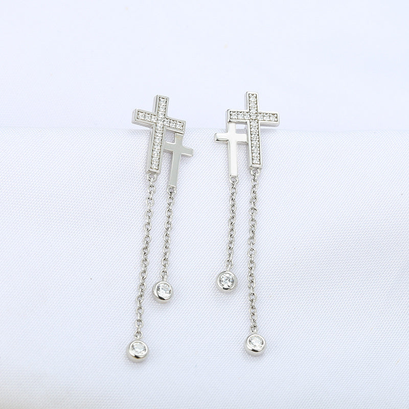 Double Cross Tassel with Zircon Silver Drop Earrings for Women