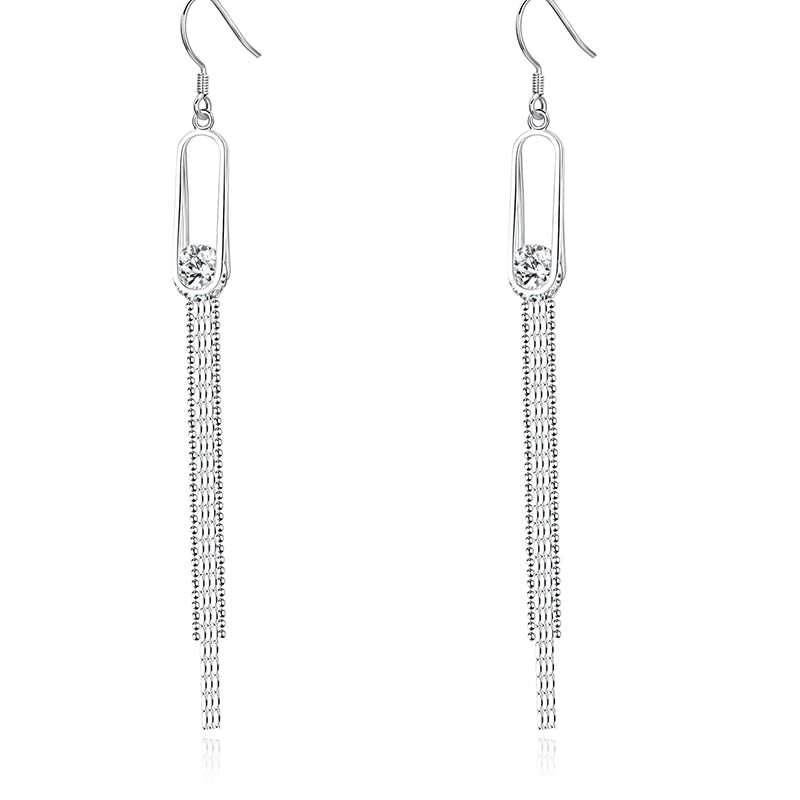 Hollow Oval with Round Zircon Long Tassel Silver Drop Earrings for Women