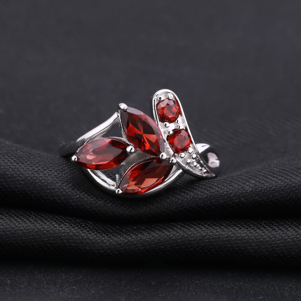 European Fashion Style Inlaid Natural Gemstones Flower Silver Ring for Women