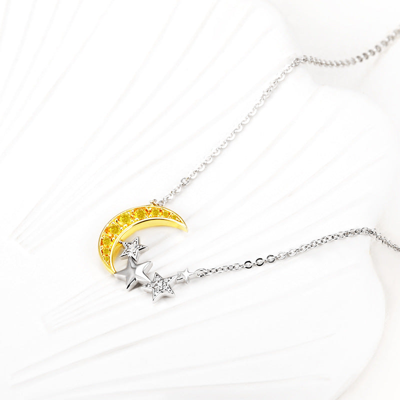 Yellow Zircon Moon with Star Silver Necklace for Women