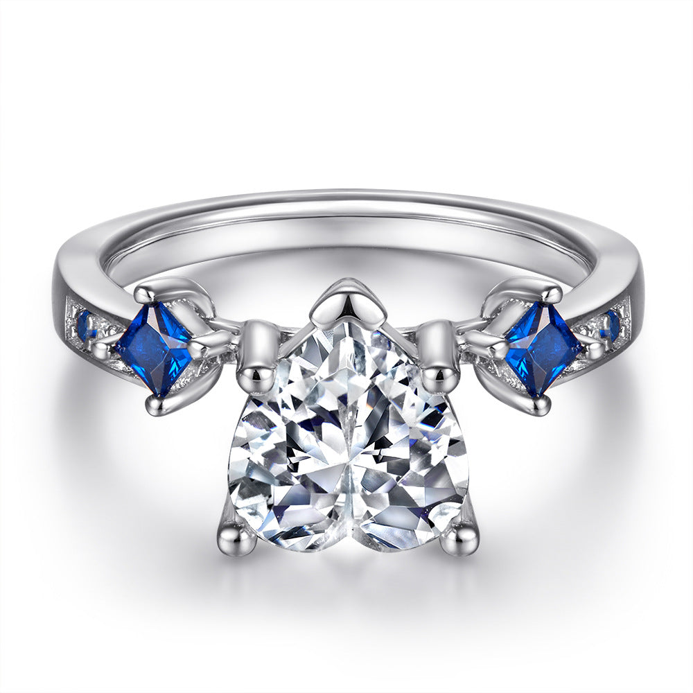 Heart-shaped Zircon with Square Blue Zircon Silver Ring Set for Women