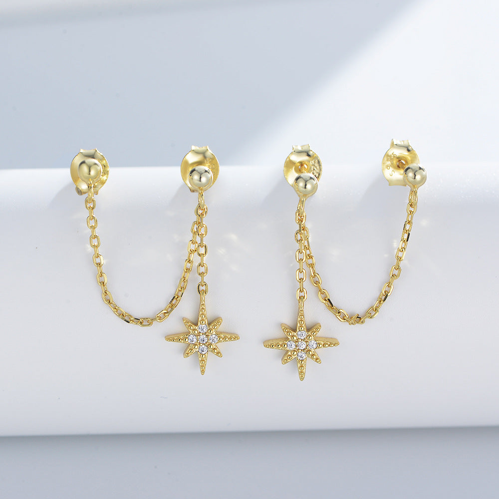 Octagonal Star Double Pierced Silver Chain Earrings for Women