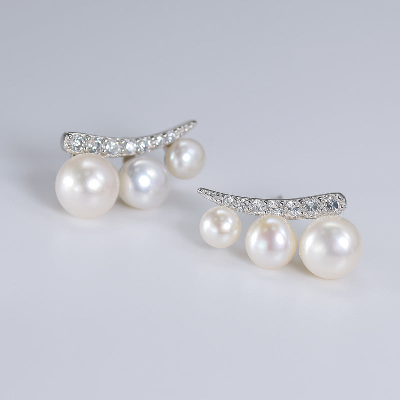 Three Freshwater Pearl with Zircon Silver Stud Earrings for Women