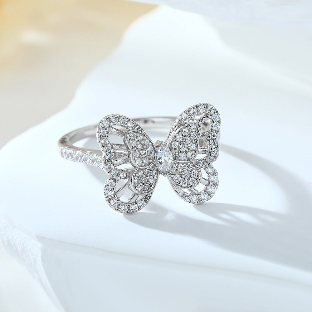 Hollow Zircon Butterfly Silver Ring for Women