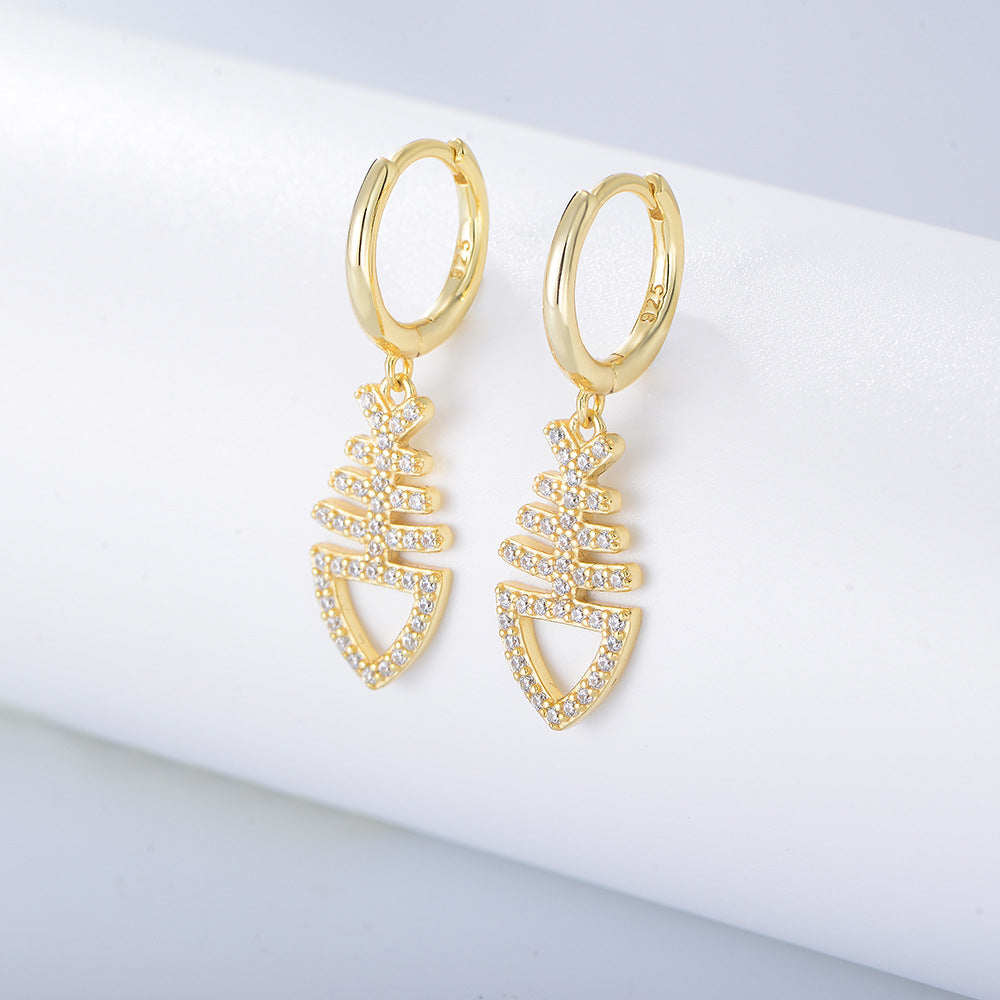 Zircon Fishbone Silver Drop Earrings for Women