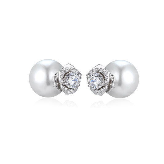 Full Zircon Camellia with Pearl Silver Studs Earrings for Women