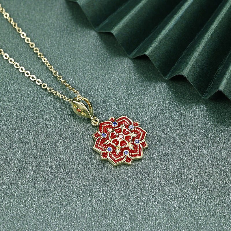 Lotus Pattern Series Red and Blue Zircon Red Lotus Pendant Silver Necklace for Women