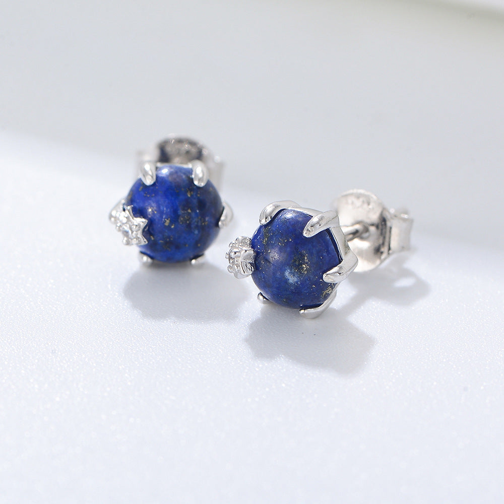 Six Prongs Natural Lapis Lazuli Beads Silver Studs Earrings for Women