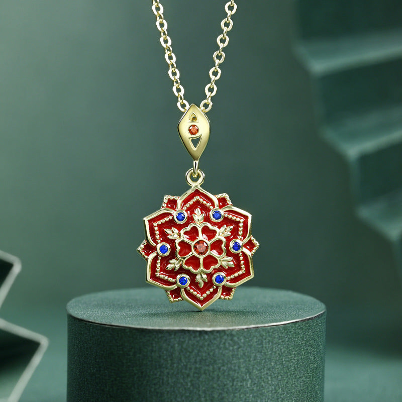 Lotus Pattern Series Red and Blue Zircon Red Lotus Pendant Silver Necklace for Women