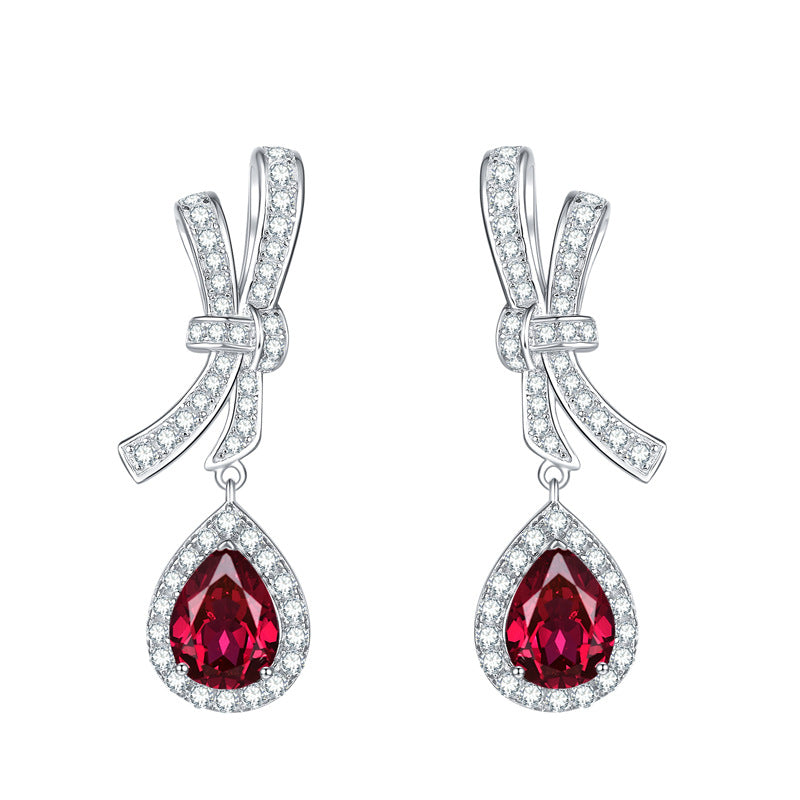 Lab Created Blood Ruby 6*8mm - Platinum Plated - Drop Silver Earring for Women