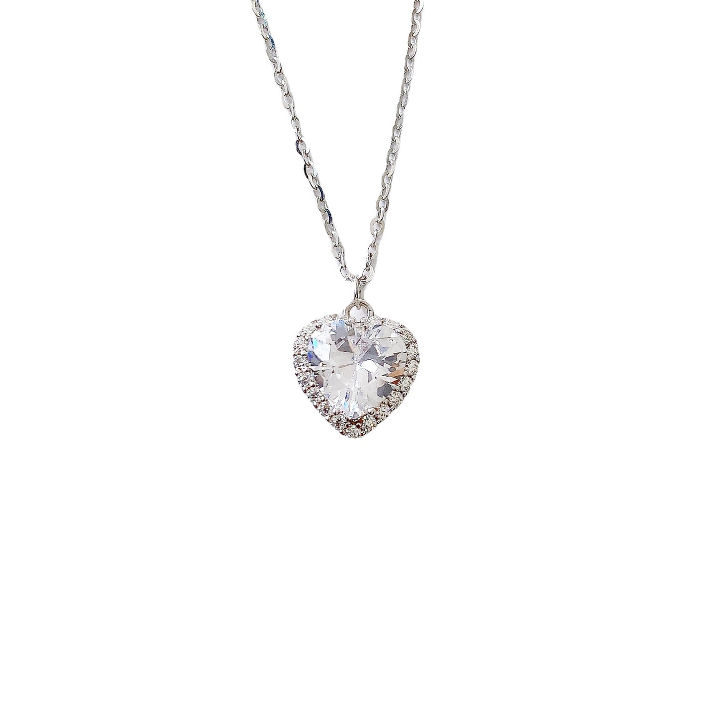 Heart-shape Zircon Soleste Halo Pendant Silver Necklace for Women