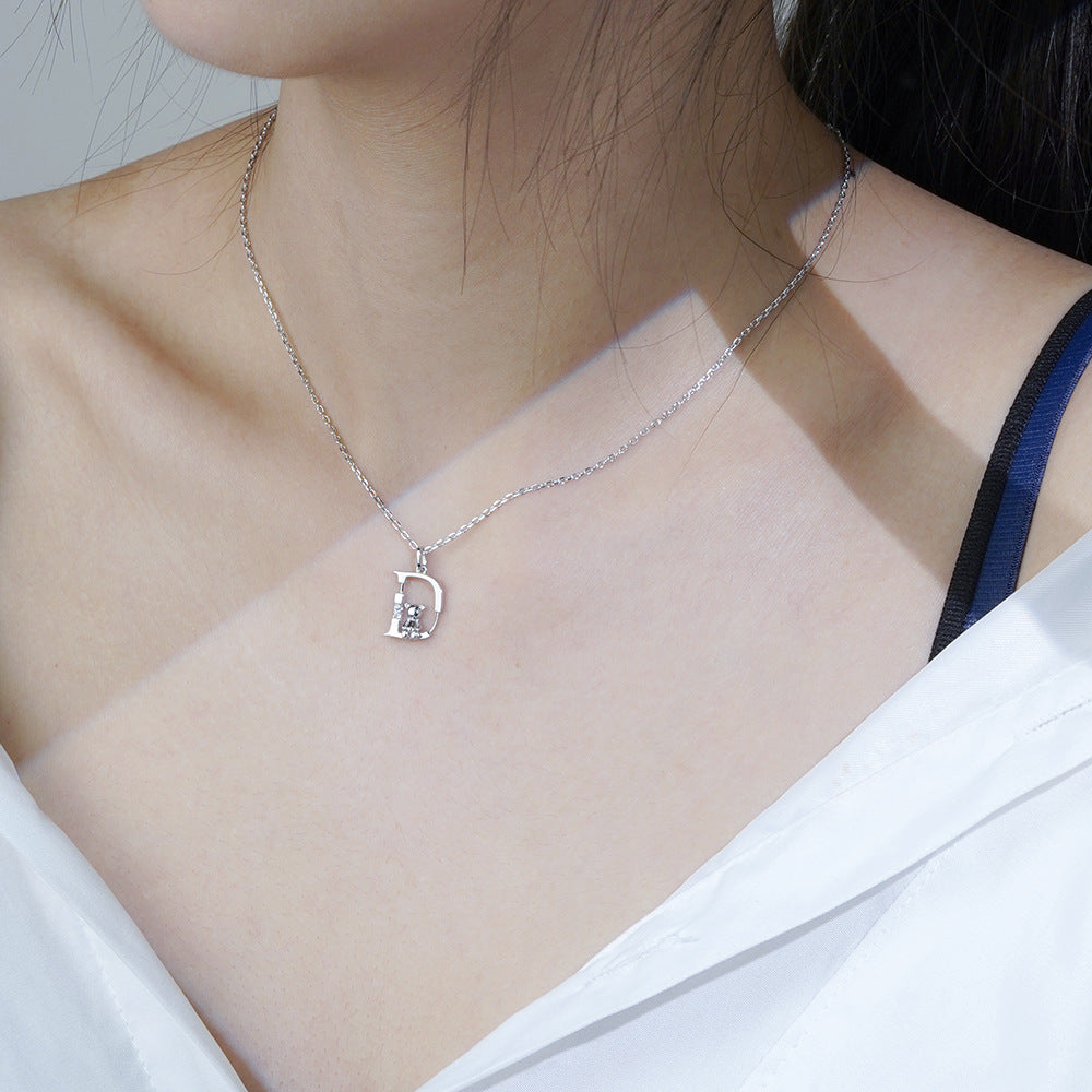 (Two Colours) Letter D with Little Bear Pendants 925 Silver Collarbone Necklace for Women