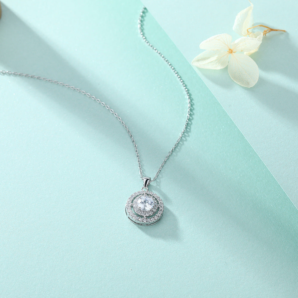 Round Zircon Soleste Halo Pendant Silver Necklace for Women