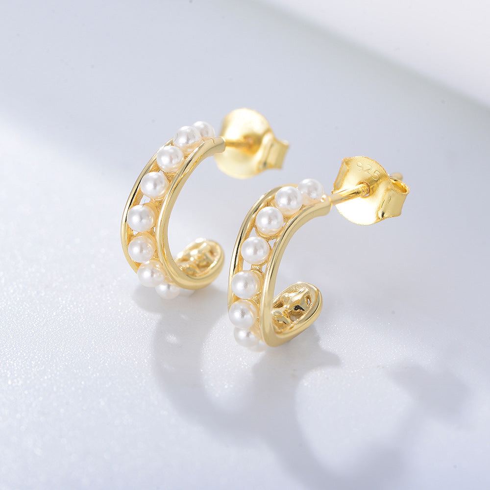 C-shaped Beading Pearl Silver Studs Earrings for Women