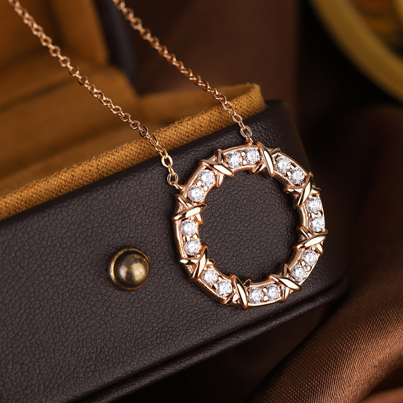 Round Zircon Circle Pendant Silver Necklace for Women