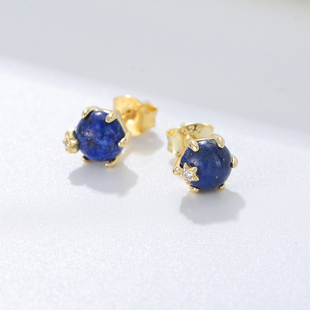 Six Prongs Natural Lapis Lazuli Beads Silver Studs Earrings for Women