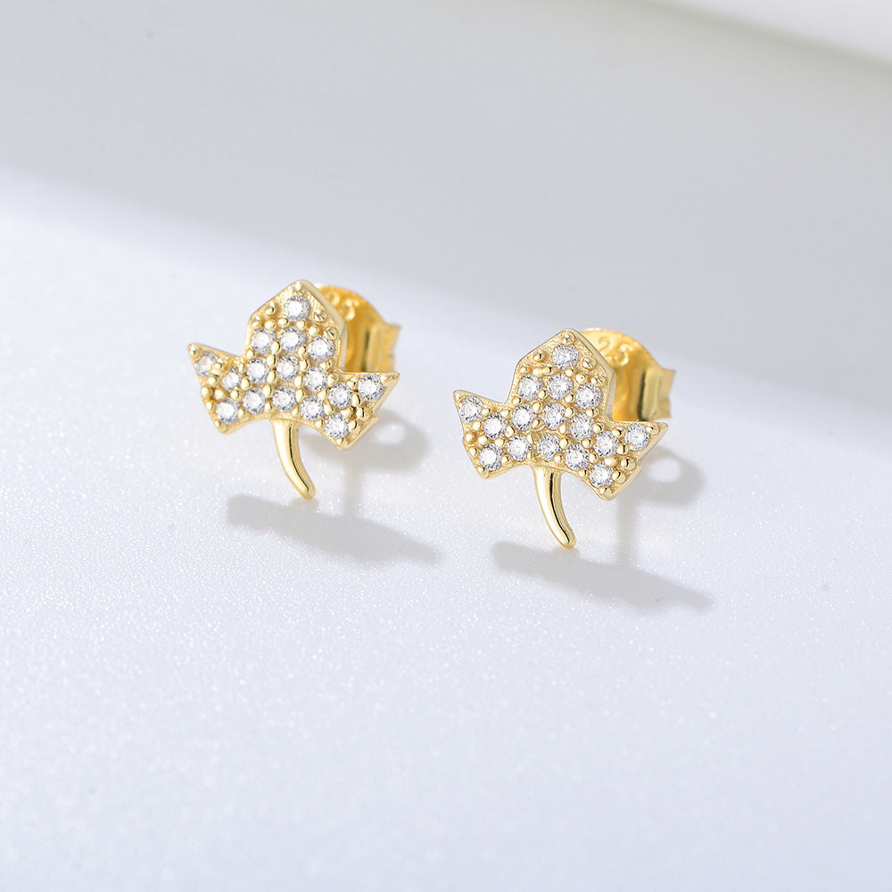 Zircon Maple Leaf Silver Studs Earrings for Women