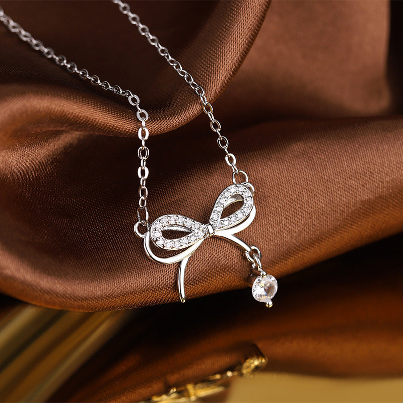 Double Layer Bow with Zircon Pendant Silver Necklace for Women