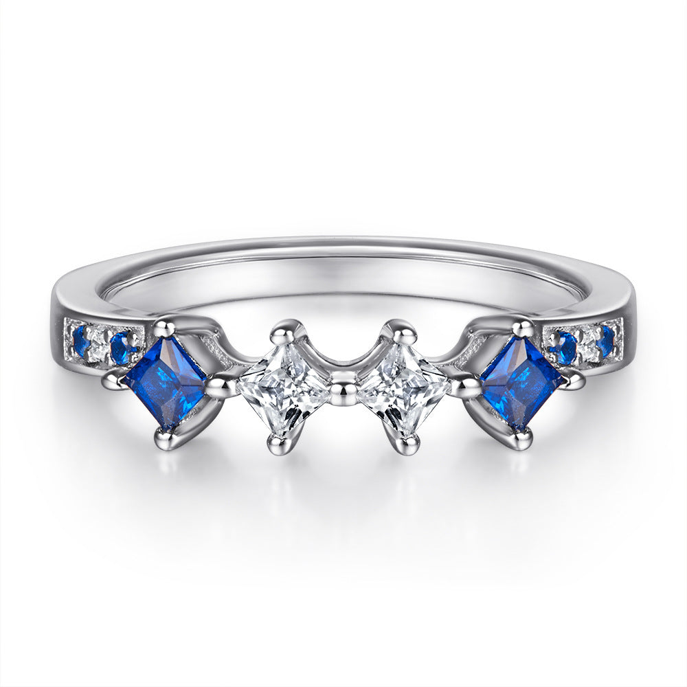 Heart-shaped Zircon with Square Blue Zircon Silver Ring Set for Women