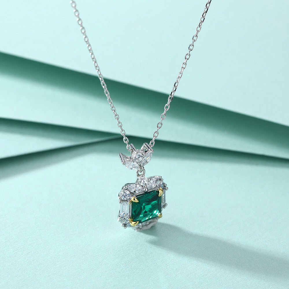 Green Square Zircon Pendant Silver Necklace for Women