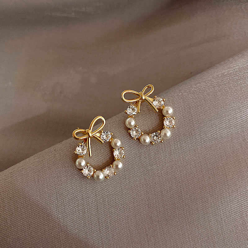 Bow Pearl Garland Silver Studs Earrings for Women