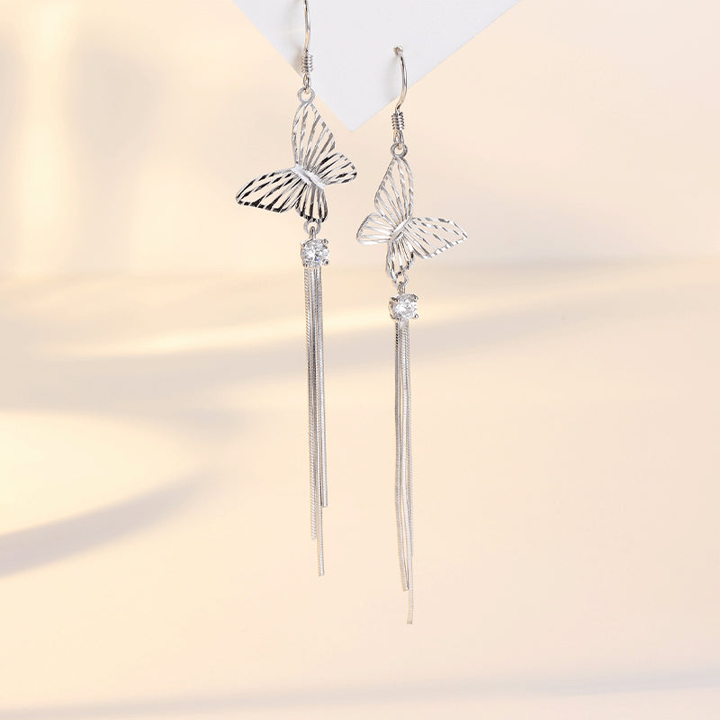 Hollow Butterfly with Zircon Tassel Earline Silver Drop Earrings for Women