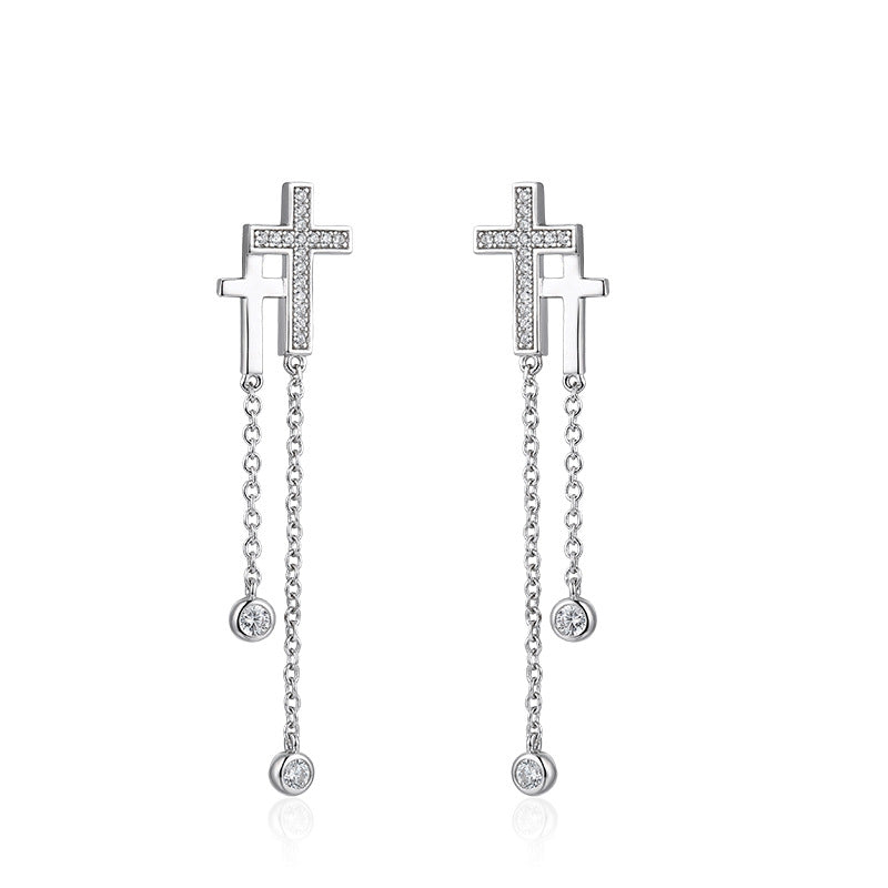 Double Cross Tassel with Zircon Silver Drop Earrings for Women