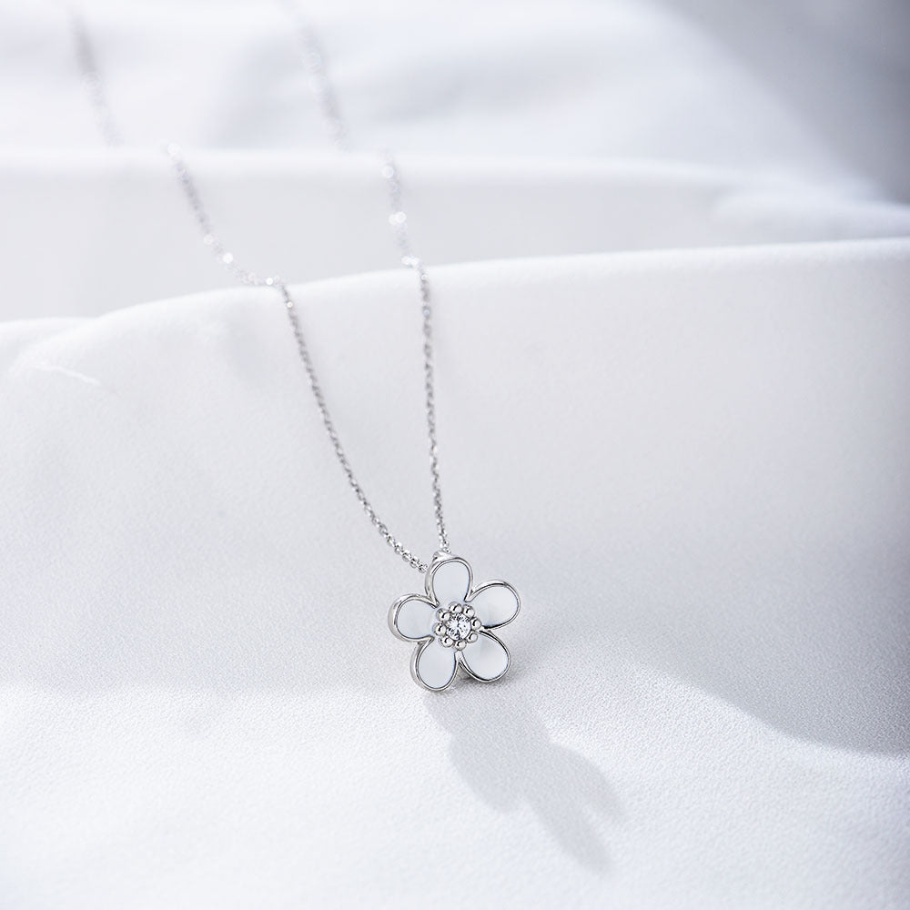 Flower with Zircon Pendant Sterling Silver Necklace for Women