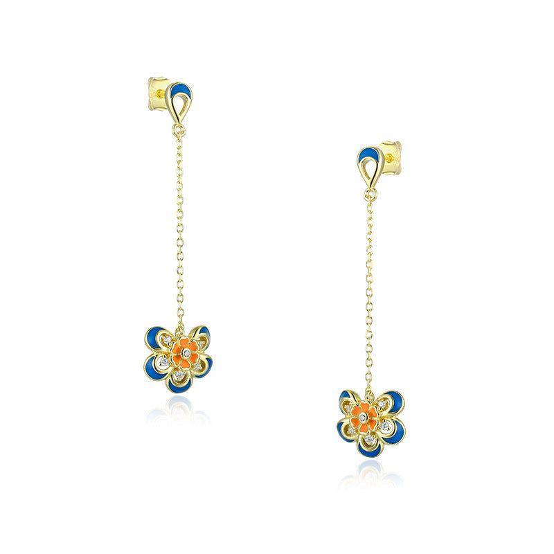 Tassel Enamel Flower with Zircon Silver Drop Earrings