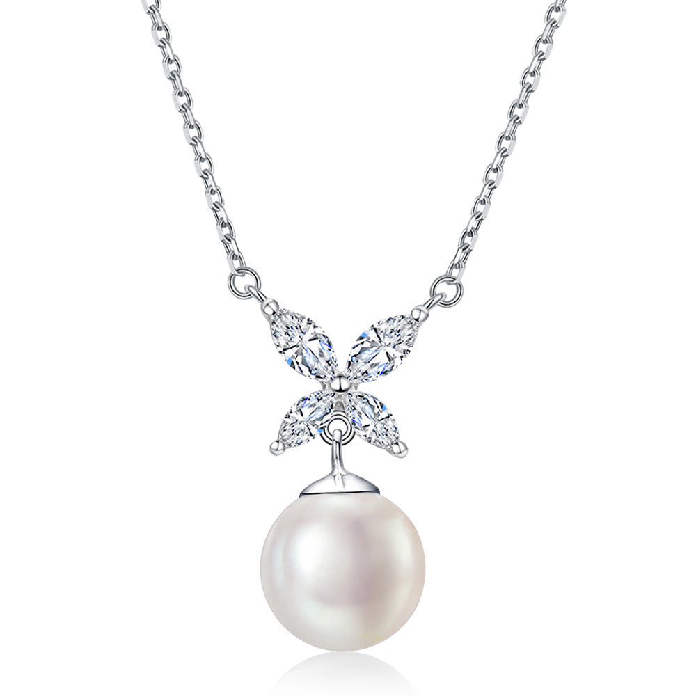 Natuarl Pearl with Marquise Zircon Pendant Silver Necklace for Women