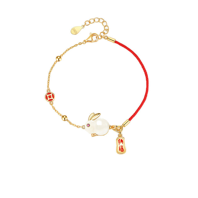 Nephrite Rabbit Silver Bracelet with Red Rope for Women