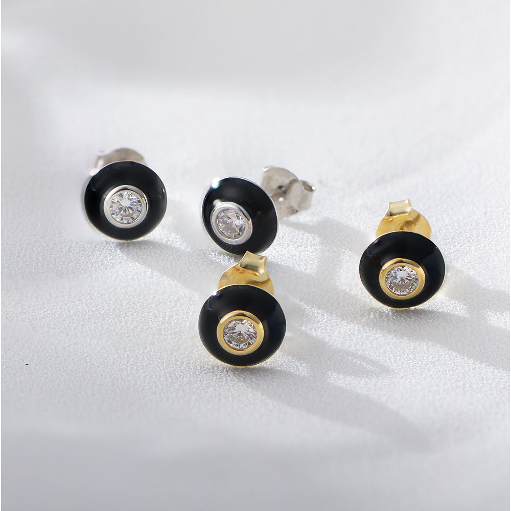 Retro Round Single Zircon Silver Studs Earrings for Women