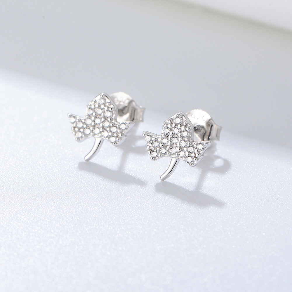 Zircon Maple Leaf Silver Studs Earrings for Women