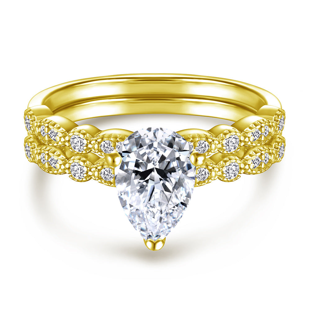 Pear Drop Zircon Solitaire with Beading Silver Ring Set