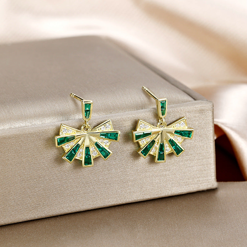 Green Zircon Fan Silver Studs Earrings for Women