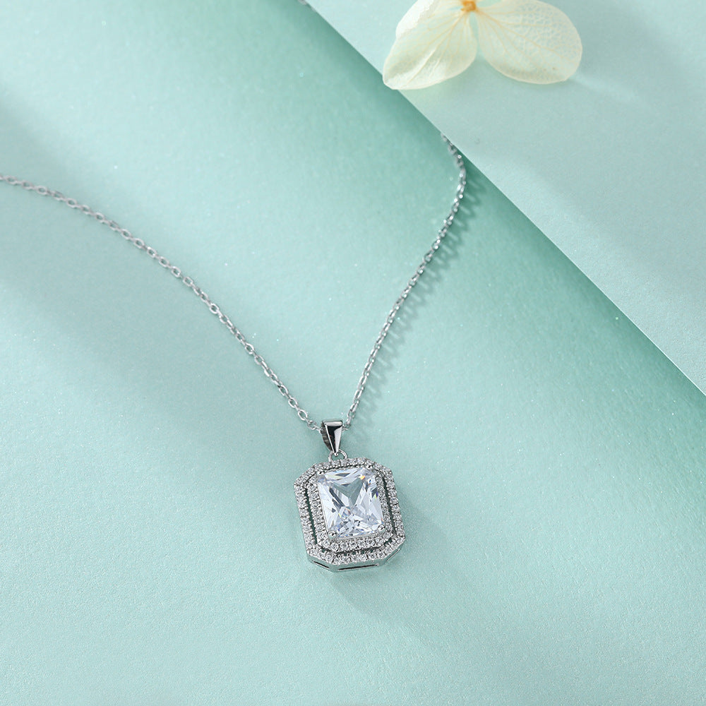 Rectangular Zircon Soleste Halo Pendant Silver Necklace for Women