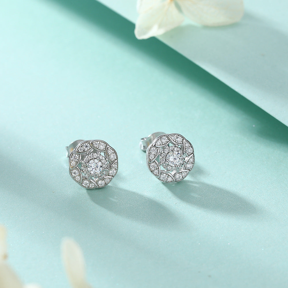 Round Zircon Soleste Halo Flower Silver Studs Earrings for Women