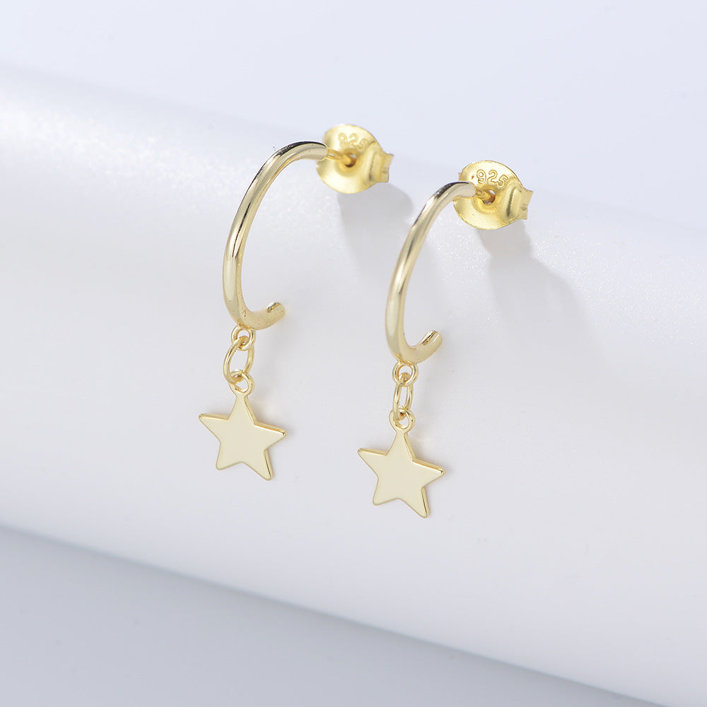 Star Pendant C-shaped Silver Studs Earrings for Women