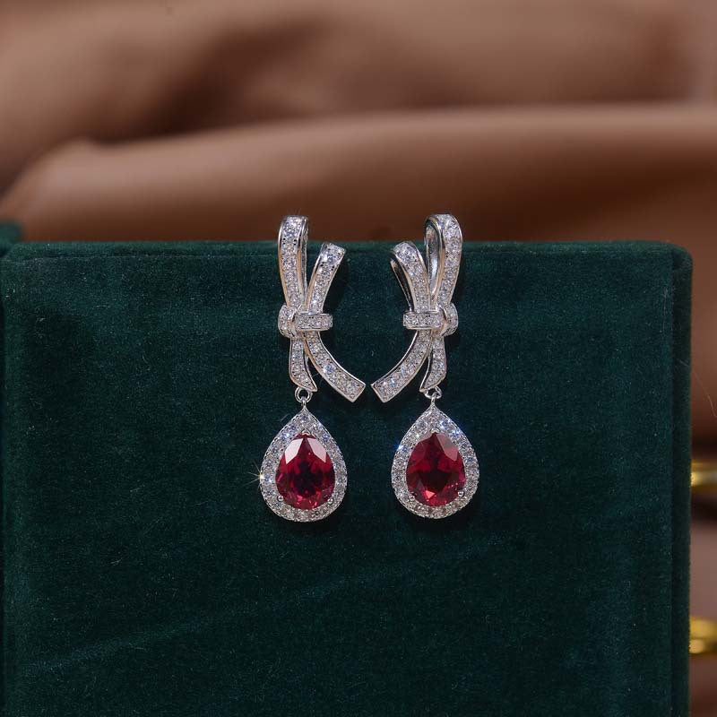 Lab Created Blood Ruby 6*8mm - Platinum Plated - Drop Silver Earring for Women