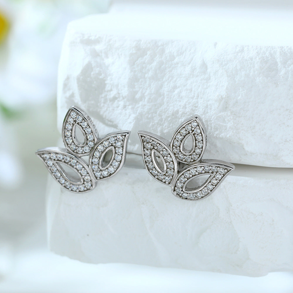 Zircon Leaf Silver Studs Earrings for Women