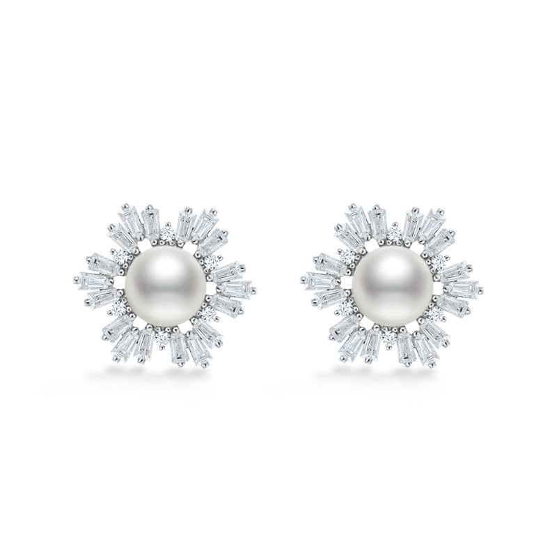 Snowfalke Pearl with Rectangle Zircon Silver Stud Earrings for Women